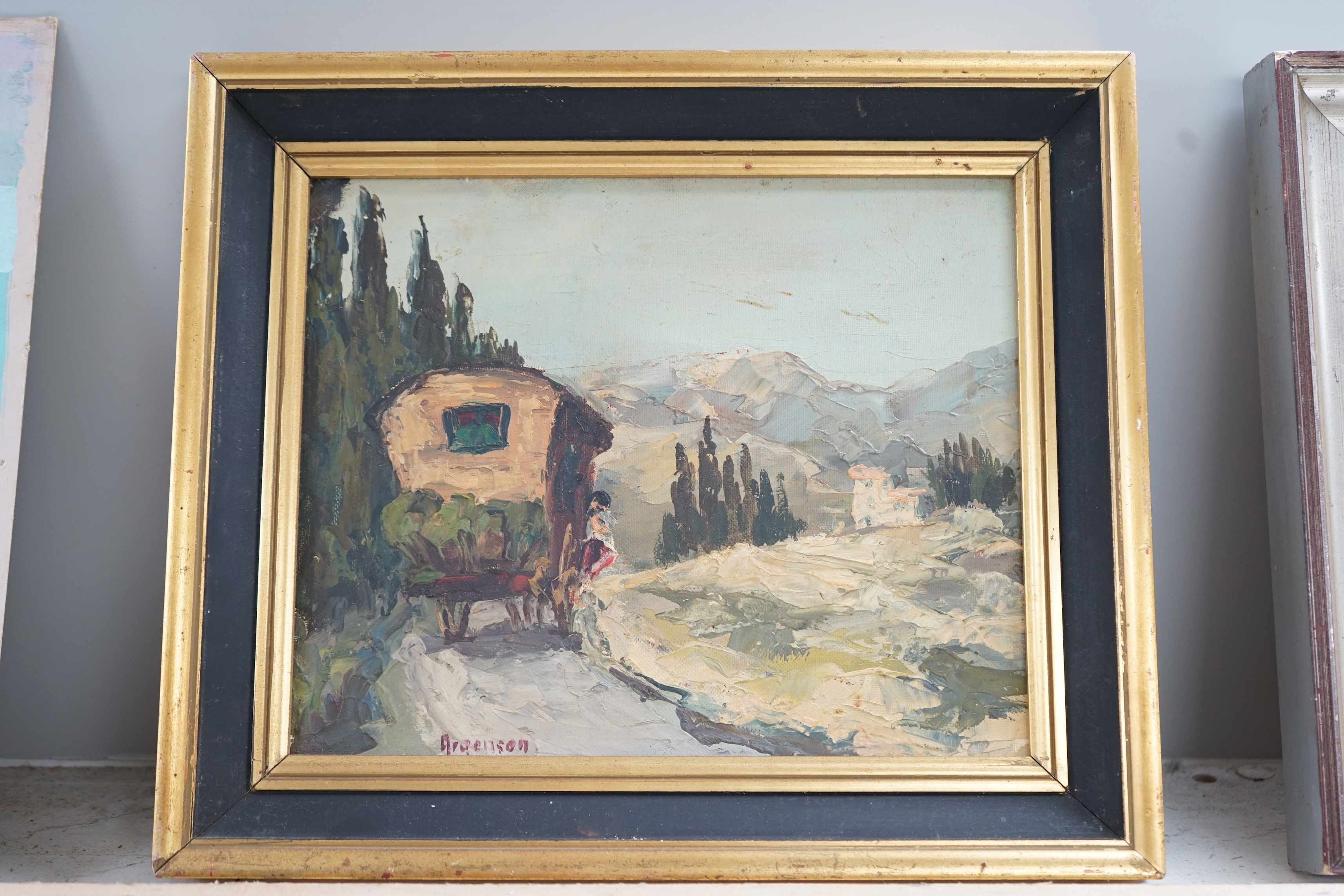 Argenson, oil on canvas board, Mountainous scene with gypsy cart, signed, 20 x 25cm. Condition - fair, would benefit from a clean